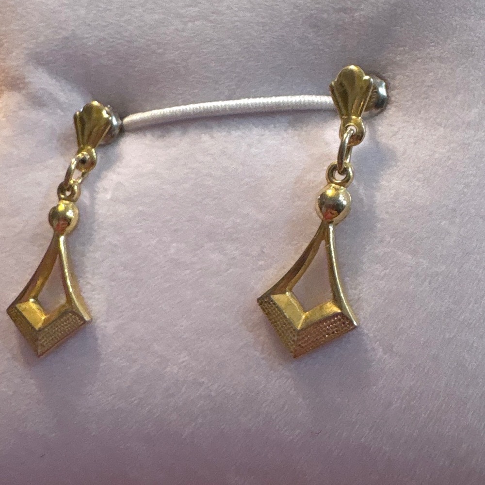 1960s Gold Tone Geometric Open Diamond Drop Dangle Earrings Textured Finish - Picture 2 of 12